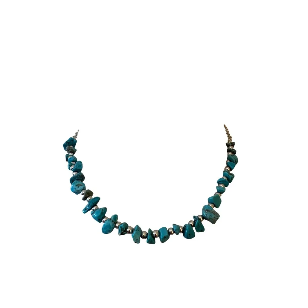Turquoise Nugget Beaded Necklace Silver Tone Spacer Beads Boho Southwestern - Picture 2 of 7